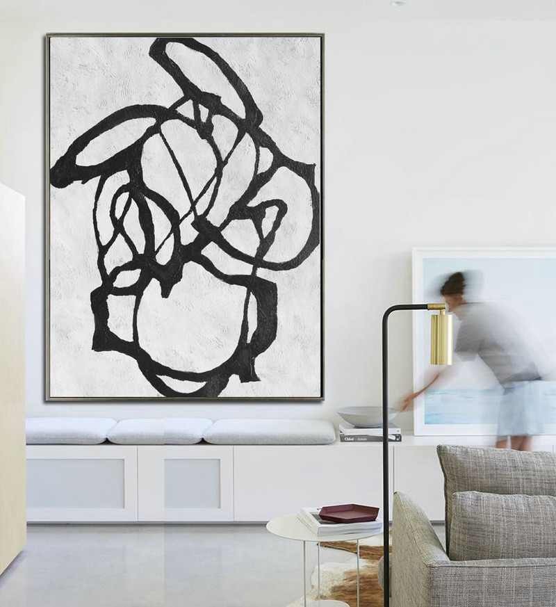 Handmade Painting Large Abstract Art,Black And White Minimal Painting On Canvas - Contemporary Artwork